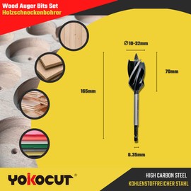 8-Piece Auger Drill Bit For Wood, Quick Change Shank 4-Flute Auger Drill Bit For Soft & Hard Wood, Plastic, Drywall (10mm,12mm,14mm,16mm,20mm,22mm,25mm,32mm)