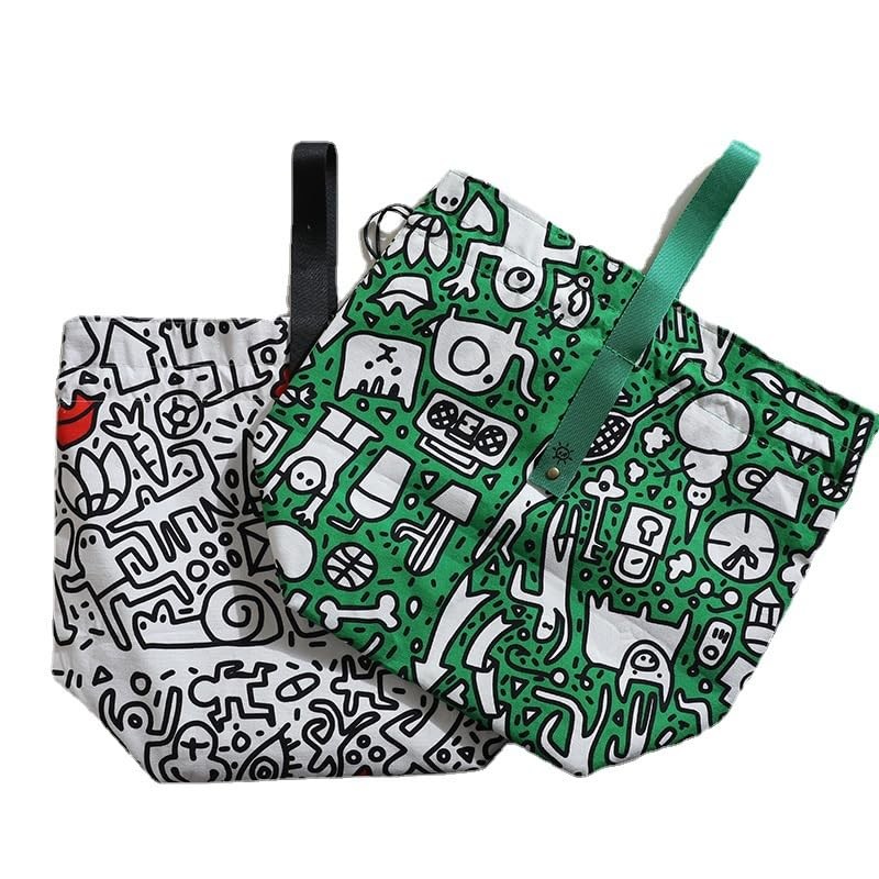 XINGNIAO Creative Graffiti Insulated Lunch Bag, Cotton Canvas Drawstring Bento