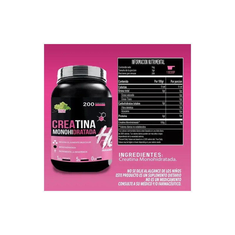 Creatina Monohidratada Heragen Polvo Sabor Uva 1kg 200 Porciones