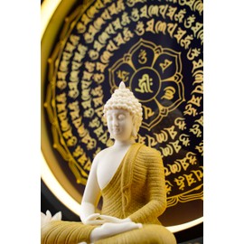 Houlu Yellow Buddha Statue and Circle LED Table Lamp, Ceramic Buddha Statue for Home Décor