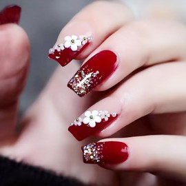 Red Press on Nails Short Coffin Fake Nails With White 3D Flowers Pearls Designs Glitter French Tip False Nails Full Cover Stick on Nails Acrylic Artificial Nails for Women Glue on Nails 24 Pcs