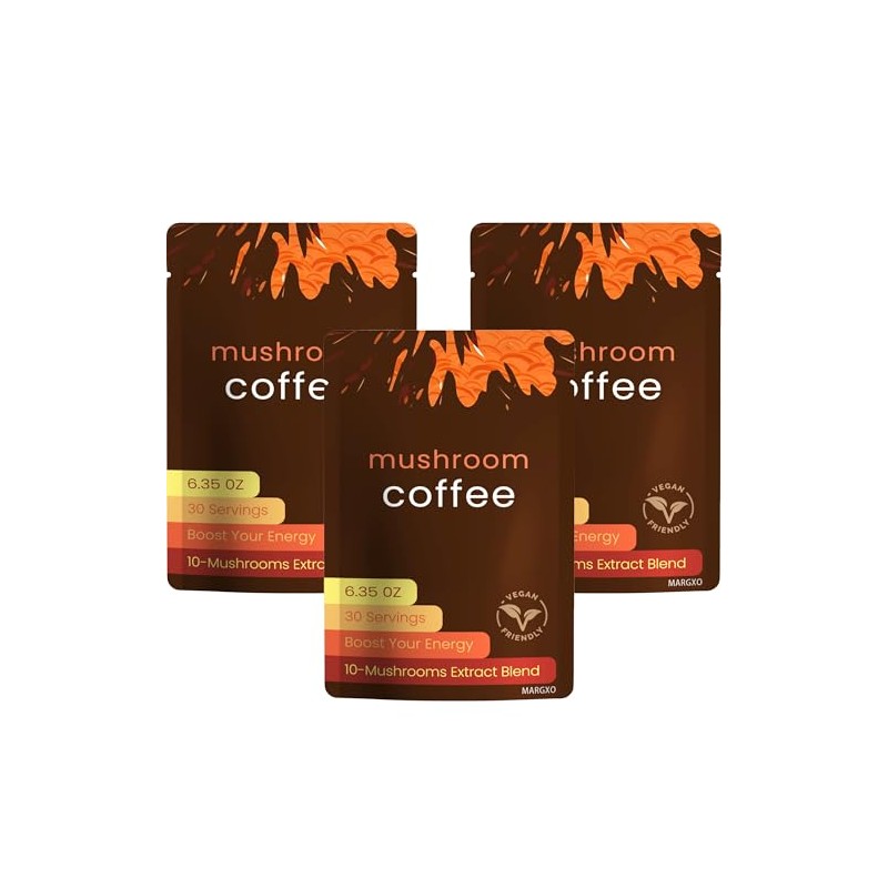 Margxo Mushroom Coffee, 6.35 oz, 30 Servings, 10-Mushrooms Extract Blend,