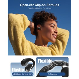 Jzones Open Ear Earbuds Bluetooth 5.4 True Wireless Clip On Earbuds Lightweight Comfort Bone Conduction Headphones Built-in Mic for Clear Audio Waterproof Stable Fit for Outdoor Sports Black