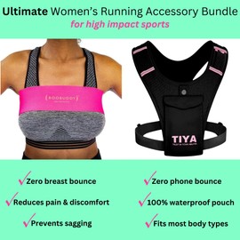TIYA Women's Running Vest + Boobuddy Breast Support Band - Zero Bounce Runners Accessory Set - 100% Waterproof Phone Holder Pouch & High Impact Compression Chest Strap (Black/Pink), Small