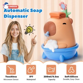 UNEEDE Capybara Hand Soap Dispenser, Automatic Touchless Foaming with Advanced Sensor, IP7 Waterproof, Portable & Wall Mount Rechargeable, 9.5oz/280ml, Cute Soft Silicone for Bathroom, Decor Gifts