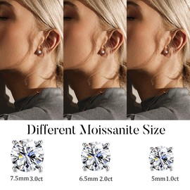 MILACOLATO Moissanite Stud Earrings 1/2/3ct Brilliant Round Cut D Color VVS1 Clarity Lab Created Diamond Earrings 18K White Gold Plated Hypoallergenic Sterling Silver Moissanite Stud Earrings for Women 7.5MM
