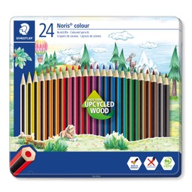 STAEDTLER Noris Colour Colouring Pencils, Non-Slip Soft Surface, High Break Resistance, Made from Upcycled Wood, Intense Colours, Hexagonal Format, 24 Coloured Pencils in Metal Case, 185 M24