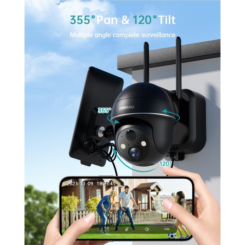ZUMIMALLSolar Security Cameras Wireless Outdoor with 360° PTZ, 2 Packs