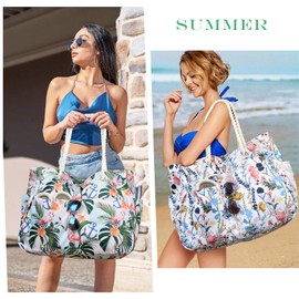 Suweir Beach Bag Large Swimming Bag XXL Family with Zip Women's Beach Bag with Wet Pocket Waterproof Shopper Tote Bag Sauna Bag Swimming Bag for Beach Swimming Pool Thermal Travel (Flamingo), flowers
