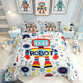 Erosebridal Boys Cartoon Robot Bedding Set Colorful Robot Pattern Full Comforter Set for Kids Teens Outer Space Down Comforter Kawaii Decor Bedding Comforter Sets for Room