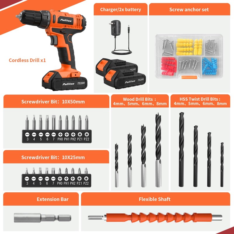 PULITUO 20V Cordless Drill/Driver, 2 Batteries Electric Screwdriver, 30Nm Power