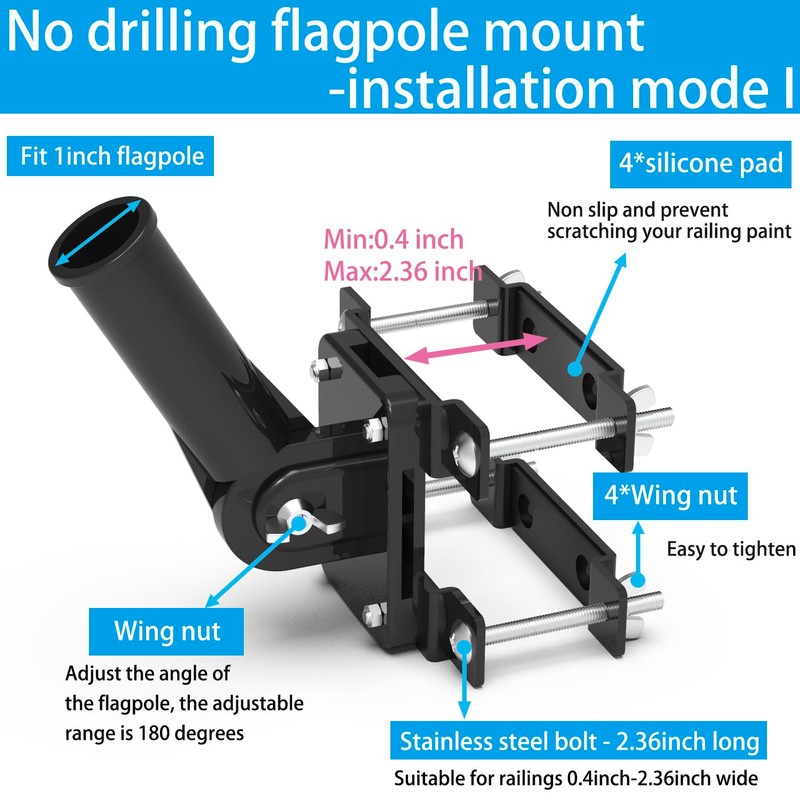 No Drill Flag Pole Holder for Railing,Flag Pole Mount for