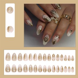 LBPEPAMZ 30Pcs Metal Flower Press on Nails Short Medium Almond Fake Nails Gold Chrome Plating Floral Acrylic Nails False Nails 3D Carving French Tips Full Cover Glossy Stick on Nails for Women Girls
