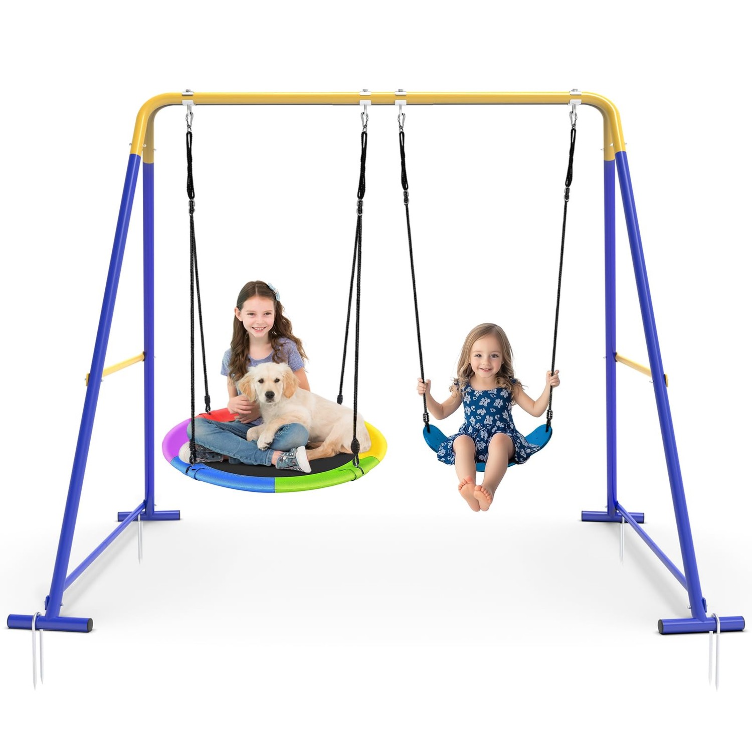 Swing Sets for Backyard, 2 Seat Metal Swing Frame with 1 Saucer & 1 ...