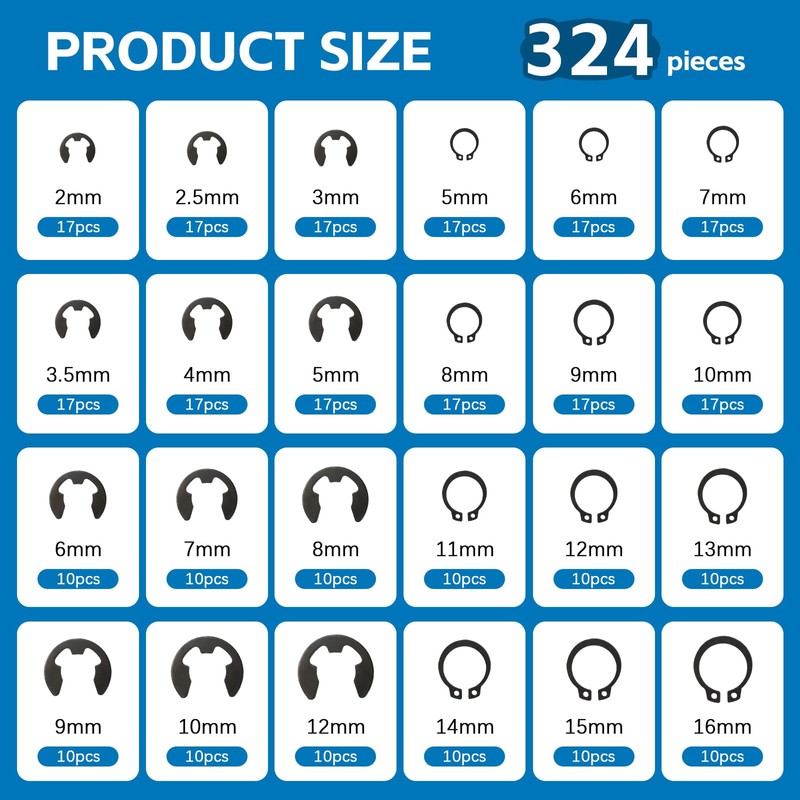 324 Piece Circlips Set, Snap Ring Metal C-Clip, C-Clips, Circlip