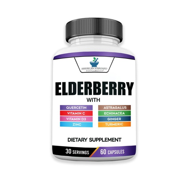 Elderberry, Quercetin, Vitamin C, D3, Ginger, Zinc, Turmeric & Echinacea,