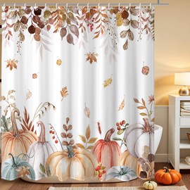 Lindameler - Cortina de ducha de otoño Pumkin con diseño de hojas de arce y acuarela, decoración de cosecha de Acción de Gracias, casa de campo, con 12 ganchos, 72 x 72 pulgadas (otoño 4)
