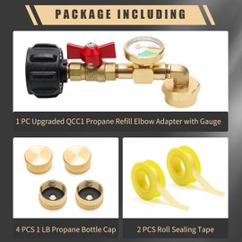 Sesama Propane Refill Adapter for 1 lb Tanks,Attached 4 Caps for 1lb Propane Bottles, Brass 20lb to 1lb Converter with Leak-Proof Valve, 3-Color Gauge & Camping, BBQ, Grill, RV Progane Prep Tool