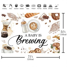 Aperturee 7x5ft Baby Shower Decoration Backdrop 'A Baby is Brewing' Banner Bottle Coffee Beans Croissant Multicolored Vinyl