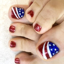 4th of July Press on Toenails Short Square Fake Toe Nails with Designs American Flag Glue on Nails Independence Day Acrylic Toenails Red Glitter Artificial Toe Nails for Women 24Pcs