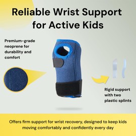 BraceUP Stabilized Kids Wrist Brace- Youth Wrist Support, Kids Wrist Splint, Child Wrist Brace for Daily Use, Boys and Girls height 100-150cm (Blue, One Size, Left Hand)