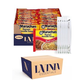 Maruchan 24- Pack of Beef Instant Ramen Noodles Instant Ramen Noodles 3 oz Pack + 12 Pairs of Eco-Friendly Disposable Bamboo Round Chopsticks by Lavinia Essentials Brand