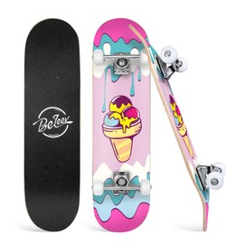 BELEEV Skateboards for Beginners, 31 x 8 inch Complete Skateboard for Kids Teens Adults, 7 Layer Canadian Maple Double Kick Deck Concave Cruiser Skateboard with Skate T-Tool (Ice Cream)