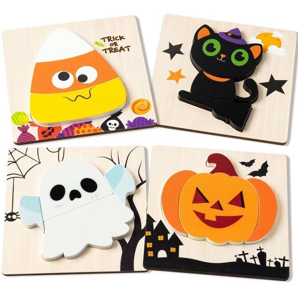 WATINC 4Pcs Halloween Wooden Puzzles for Kids, Pumpkin Ghosts Jigsaw Puzzles Educational Learning Preschool Montessori Toys, Halloween Party Favors Treat Bags Birthday Gifts for Toddlers Boys Girls