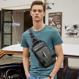 VARLIVOO Mode Men's Sling Bag Chest Bag with USB Charging Port Sport Shoulder Bag Casual Crossbody Bag Anti-Theft Sling Backpack for Work School Travel Waterproof Polyester Messenger Bag Green
