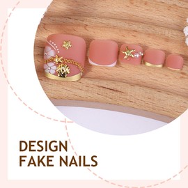 Short Press on Toenails French Tip Fake Toenails with Gold Charm Designs Square Toe Nail Press ons Matte Artificial Nails for Women 24Pcs