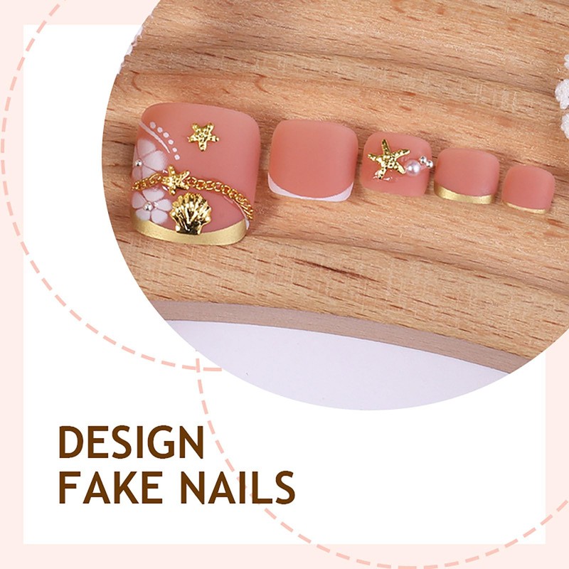 Short Press on Toenails French Tip Fake Toenails with Gold