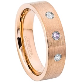 Rose Gold Pipe Cut Tungsten Carbide Unisex Wedding Band with 0.07ctw Solitaire Round Amethyst Birthstone Tungsten Ring - 6mm Brushed Comfort Fit Tungsten Anniversary Ring - 1AMT