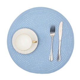 SHACOS Round Braided Placemats Set of 4 Washable 15 inch Round Non Slip Table Place Mats for Dining Tables (Light Blue, 4)