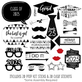 Big Dot of Happiness Black and White 2025 Graduation Party Photo Booth Props Kit - 20 Count