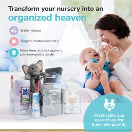 Acrylic Diaper Caddy Organizer - Stylish Portable Nursery Storage Basket with Handle & 3 Spacious Compartments - Perfect for Diapers, Wipes, Creams - Baby Shower & Nursery Must Haves