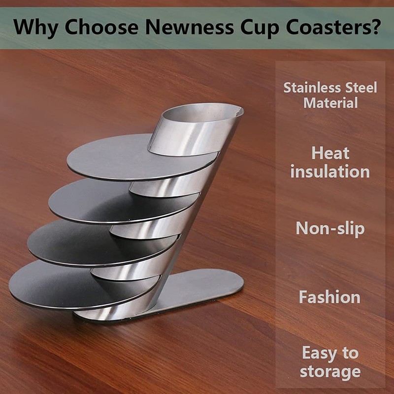 Cup Coasters, Newness Cup Coasters Set with Decorative Rack, Stainless