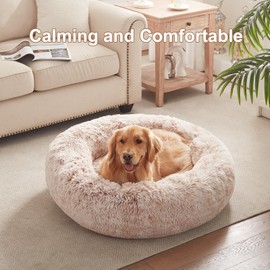 BedStill 36 inches Donut Dog Bed for Large Dogs -Calming Fluffy Round Pet Bed with Removable & Washable Cover,Fits up to 100 lbs Pets (Brown,Large)