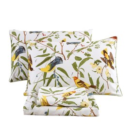 URBONUR 4Pcs Birds Sheets Set for Queen Bed, Farmhouse Green Leaves Pattern, Luxurious Egyptian Percale Cotton Bed Sheet Silky Smooth Breathable & Cooling Sheets Set Bedding Collection, Queen Size