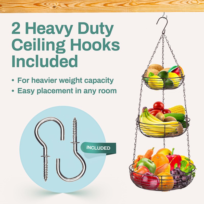 Home Intuition 3-Tier Hanging Fruit Produce Basket Heavy Duty Wire