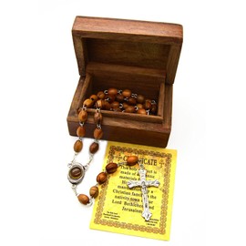 Holy Land Olive Wood Rosary Beads with Holy Soil with Madonna and Child From Bethlehem and Wooden Hand Carved Jewelry Box