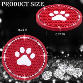MEAJOO 2PCS Bling Car Cup Holder Coaster, Universal Dog/Cat Paw Auto Non-Slip Crystal Rhinestone Cup Holder Coaster, 2.75In Universal Non-Slip Recessed Car Interior Accessories (Red & White)