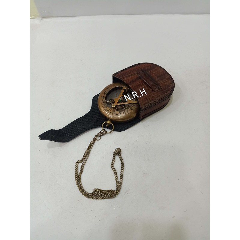 Nautical Sundial Compass Antique Vintage Style with Leather Box and