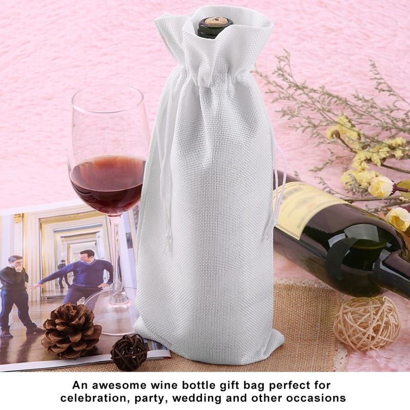 12pcs Simple Linen Fabric Wine Bag with Drawstring Champagne Decorative