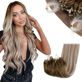 RUNATURE Micro Beads Hair Extensions Real Human Hair Blonde Ombre Brown Micro Loop Hair Extensions Blonde Balayage Micro Ring Extensions 16 Inch 50g 1g/Strand