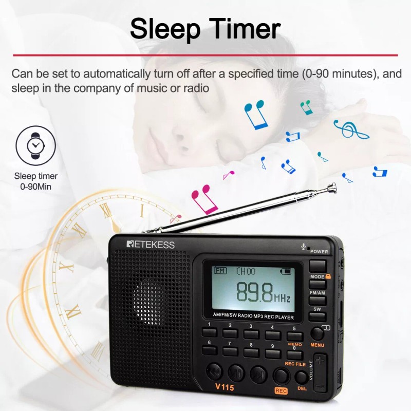 Retekess V115 FM AM SW Radio Digital Rechargeable MP3 Record