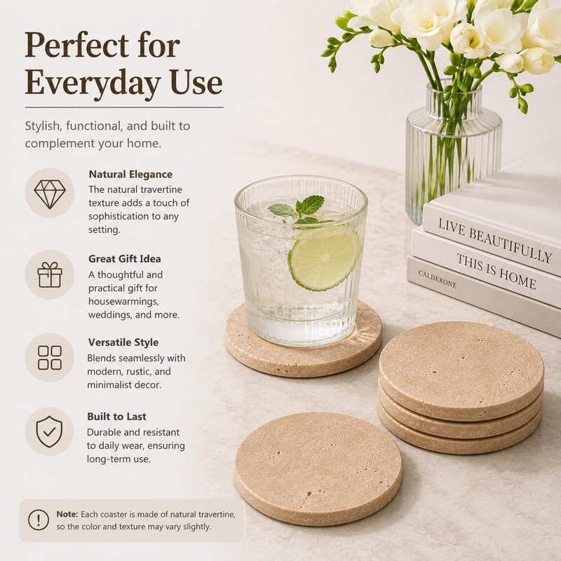 4" Natural Travertine Stone Coasters Set of 4,Round Stone Cup
