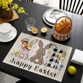 Easter Placemats for Dining Table Rabbit Easter Bunny Placemat Set of 6 Leopard Stripe Spring Floral Tablemats for Home Wedding Party Spring Holiday Banquet Kitchen Easter Table Mats