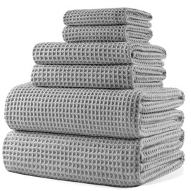 POLYTE Oversize, 60 x 30 in., Quick Dry Lint Free Microfiber Bath Towel Set, 6 Piece (Light Gray, Waffle Weave)