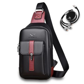 PALTIA Men's Single Shoulder Bag, Large Capacity, Lightweight, Left/Right Compatible, Compact, 3-in-1 Charging Cable Included, Crossbody Hanging, red/black