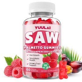 YUULAI Saw Palmetto Gummies for Women Men, Organic Saw Palmetto with Pumpkin Seed Oil for Hair Growth & Skin Health, Sugar Free, Raspberry Flavor, 60 Count
